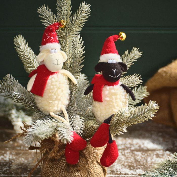 Sheep hanger - white fleece fabric with red hat & scarf